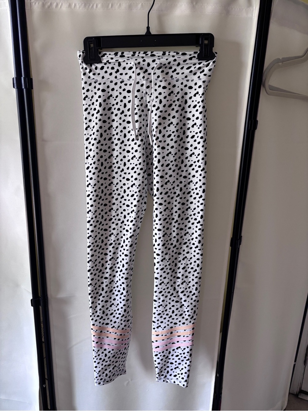 White Fox Boutique White & Black Dalmatian Spot Leggings with Pink Hem Stripes